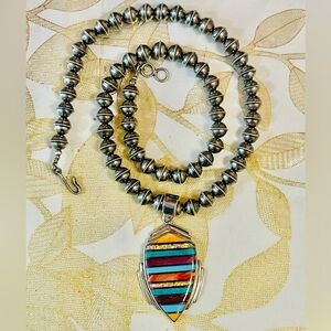 VTG Southwest Navajo Pearls Sterling Silver Necklace Pendant Turquoise Opal